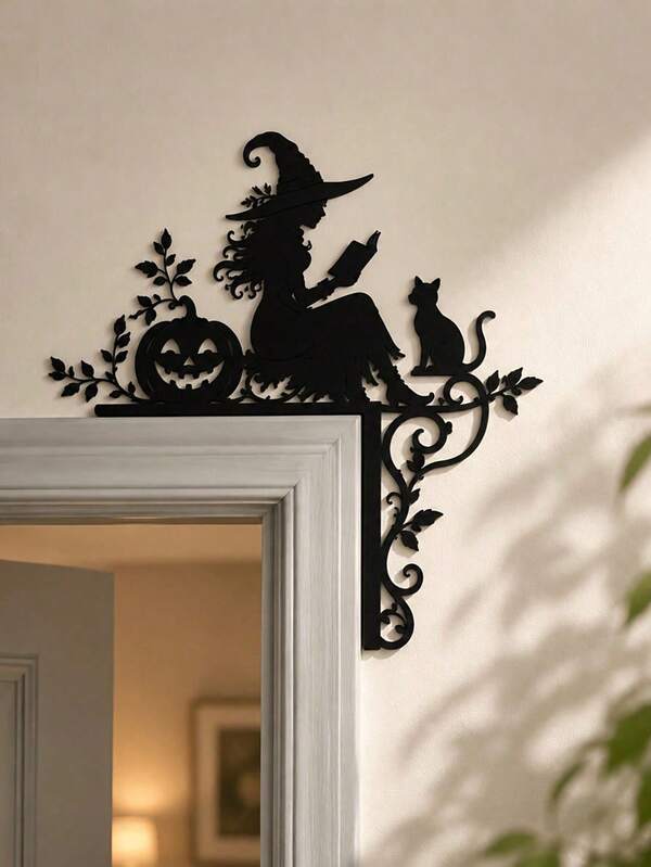 Halloween Witch Pumpkin Door Corner Decoration, Black Hollow Witch Silhouette Door Corner Decor With Black Cat And Pumpkin Elements, Atmospheric, Suitable For Door Frame Corner, Perfect Choice For Halloween Home Decor
