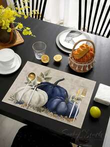 1pc/2pcs/4pcs Watercolor Hand-Painted Pumpkin Print Autumn Decorative Placemats, Simple Farmhouse Style Polyester Hard Fabric Table Mats, Machine Washable, Home Decor, Suitable For Family Gatherings, Parties, Holiday Decorations, Dining Table Decor, 32x42cm - Blue and White - View 3