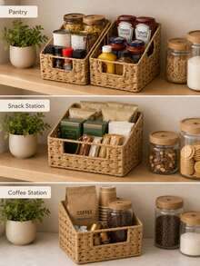 2 Pieces Detachable Trapezoid Woven Storage Basket Set With Cutout Handles, Waterproof Paper Rattan Large-Capacity Organizer Bins For Snacks, Toiletries, Pantry, Kitchen, Bathroom, Closet And Shelf - Multicolor - View 8