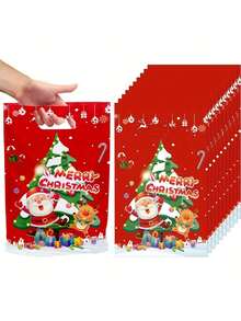 10/30/50pcs, Christmas Santa Claus Reindeer Gift Bags, Gingerbread Man Santa Claus Reindeer Pattern Plastic Packaging Bags, Merry Christmas Decorations For Home, Happy New Year Decor - Red - View 6