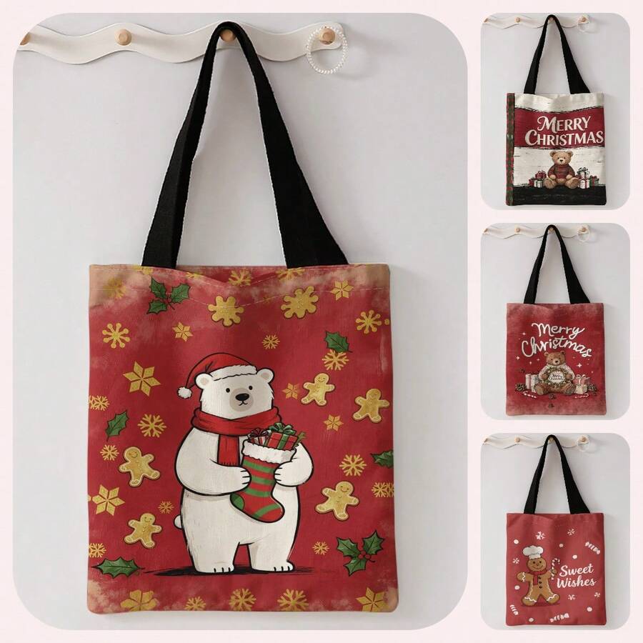 1pc Christmas Bear Print Canvas Tote Bag, Large Capacity Hand‑Held Shoulder Bag,Reusable Shopping Bag For Music Festival Party Daily Packing Books - Multicolor - View 1