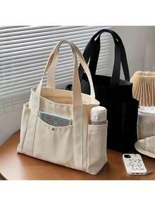 1 Piece Large-Capacity Canvas Bag Multi-Pocket Design Reusable Suitable For Daily Commutes, Work Trips, Camping Vacations, And More Suitable For Daily Home Use, School, Travel, And Shopping - Multicolor - View 5