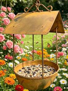 1pc Rusty Iron Bird Bath & Feeder, Vintage Rainproof Automatic Feeding Station, Large Capacity Leak-Proof Bird Food Container - Bird Feeder - View 4