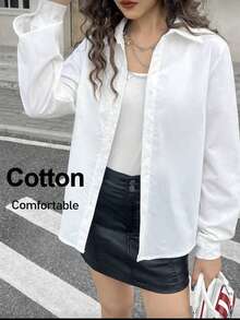 Girls' Cotton Button-Up Shirt, Long Sleeve V-Neck Casual Top With Turn-Down Collar - White - View 6