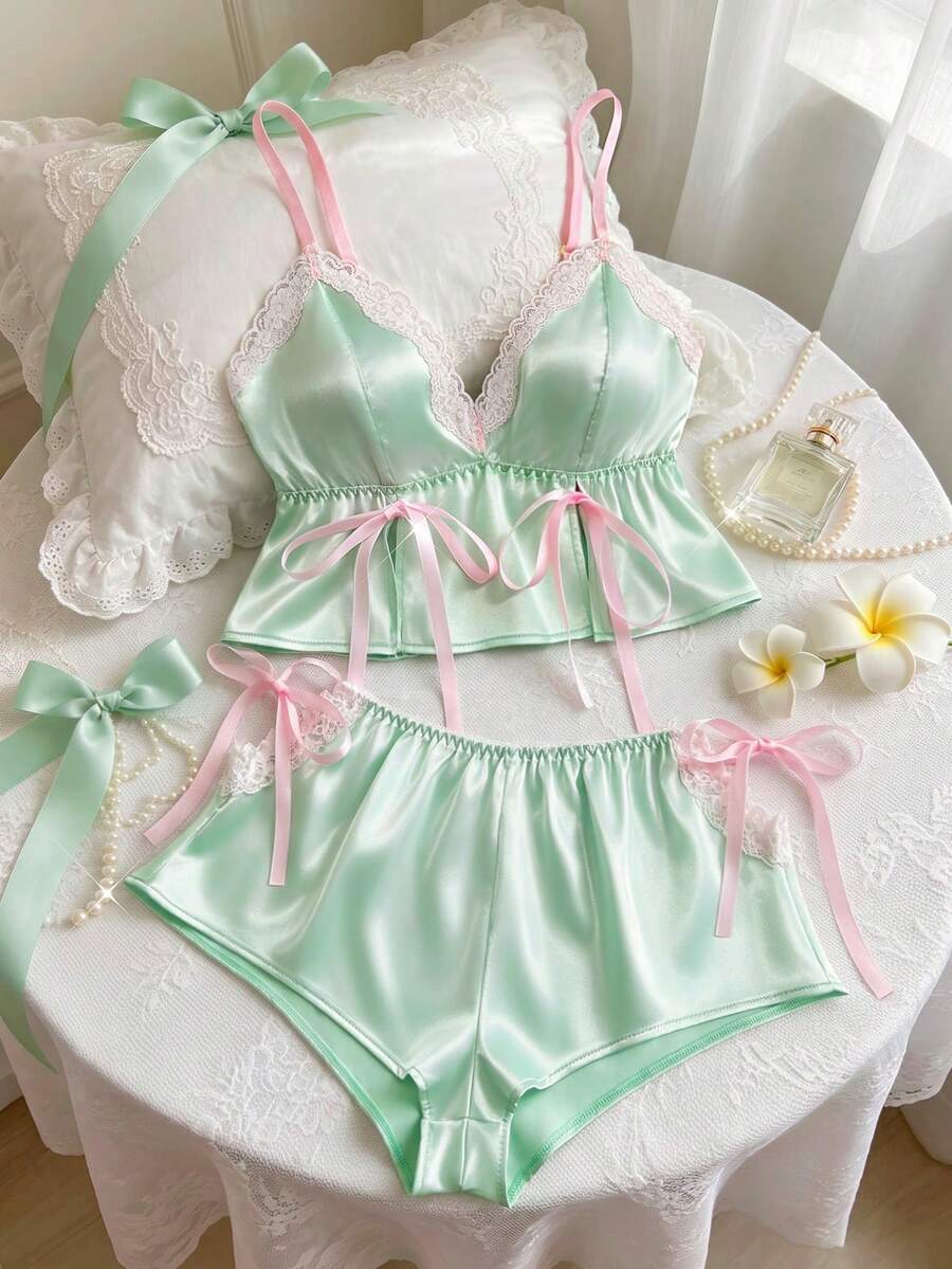 2pcs Women's Pajama Set, Adjustable Strap Deep V-Neck Top With Bow Decor, Lace Hollow Design Waist Shorts, Comfortable Loungewear
