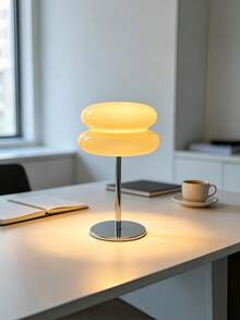 Modern Frosted Glass Lampshade With Metal Frame, Dimmable Warm Light Decorative Table Lamp, Cream Color, Double-Layer Round LED Bedside Lamp, Suitable For Bedroom, Living Room, Dormitory Bedside Table, Home Decor Indoor Lighting, Gift, USB Powered - White - View 3