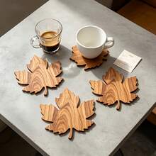 6pcs Maple Leaf Design Wooden Non-Slip Coaster Set, Home, Bedroom Decor, Kitchen Accessories, Suitable For Various Holiday Parties, Weddings, Autumn Thanksgiving, Christmas Decoration Gifts - Multi-color LDX2549 - View 4