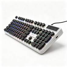 Wired USB Gaming Keyboard with 7-Color RGB Backlight, Retro Round Silicone Keys Removable, Vintage Punk Design for Office and Gaming - Beis - Ver 2