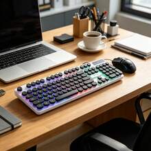 Wired USB Gaming Keyboard with 7-Color RGB Backlight, Retro Round Silicone Keys Removable, Vintage Punk Design for Office and Gaming - Beis - Ver 6
