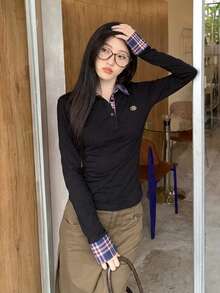 2 In 1 Plaid Patchwork Polo Collar Long Sleeve T-Shirt - Black - View 7