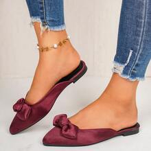 Spring Summer Autumn New Burgundy Satin Bow Mule Slippers Pointed Toe Closed Toe Flat Half-Slippers Commute Date Gentle Wear Office Party Banquet Women's Shoes - Burgundy - View 16