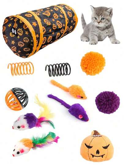 Set di 11 pezzi di giocattoli per gatti di Ognissanti - Giocattoli interattivi per gatti, include tunnel per gatti, bacchetta teaser, giocattoli con piume, giocattoli in peluche gotici per gatti, giocattoli da masticare, giocattoli da masticare per gattini, adatti per piccoli animali