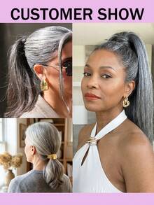 Short Gray Ponytail Extension Straight Human Hair Ponytail Drawstring Ponytail Hair Extensions For Women Comb Clip In Ponytail Hairpieces Fake Pony Tails - SGray - View 5