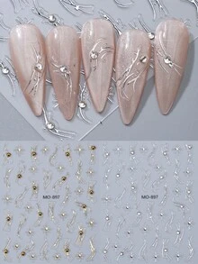2件組金銀色星星不規則線條美甲貼紙，含水鑽金珍珠星系曲線金屬感美甲貼片，3D自黏式美甲裝飾配件，DIY沙龍美甲用品 - 彩色 - 查看 12