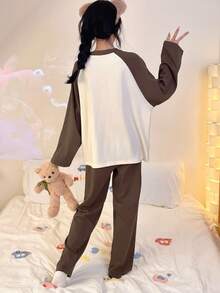2pcs/Set Women's Pajamas Loungewear, Cute Bear Print Fashion Pullover Round Neck Long Sleeve Cropped Pants Set, Easy Care Fabric - Brown - View 2