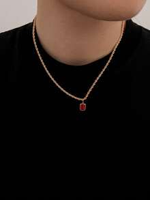 1pc Vintage Twisted Rope Chain Square Red & Blue Crystal Pendant Necklace, Luxury Minimalist Square Rhinestone Collarbone Chain, Versatile Layering Neck Accessory For Daily Commute - Gold + Red Diamond - View 3