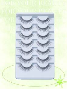 7 Pairs Natural Long Cat Eye False Eyelashes, Flared Tail 3D Voluminous Faux Lashes - Black - View 2
