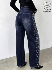 Women's Dark Blue High Waist Diamond Rhinestone Straight Leg Jeans, Plaid Rhinestone Design, Commute Party Casual Straight Leg Pants - Dark Wash - View 2