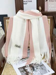 Women's Contrast Color Vertical Striped Tassel Scarf, Soft Pink And White Color Block Knitted Oversized Scarf, Versatile Warm Shawl For Autumn/Winter - Two-color Label Pink/White - View 1