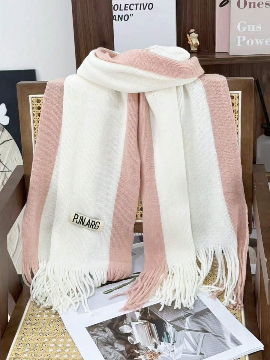 Women's Contrast Color Vertical Striped Tassel Scarf, Soft Pink And White Color Block Knitted Oversized Scarf, Versatile Warm Shawl For Autumn/Winter - Two-color Label Pink/White - View 1