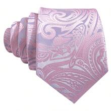 5Pcs Men Pink Paisley Jacquard Tie Pocket Square Cufflinks Ring Tie Clip Set, Random Cufflink Pattern, Suit Accessories For Wedding - Pink - View 3