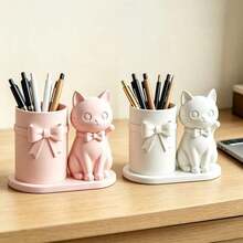 1pc Cute Cat Desktop Storage Holder, Pink Bowtie Cat Shaped Pen Holder, Desk Decor And Stationery Organizer - Cat With Bow - View 4
