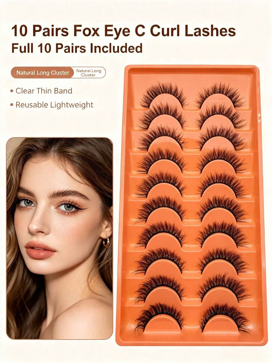 10 Pairs Natural Long Strip False Eyelashes, 3D Handmade Cross Soft Black Band Reusable Lashes For Daily, Work And Party Looks - View 1