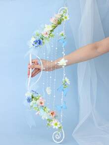 1pc Bohemian Style Bow-Shaped Creative Handheld Bouquet, Pink And White Floral Mesh Ribbon Pearl String, Forest Theme Wedding Photography Prop - Multicolor - View 7