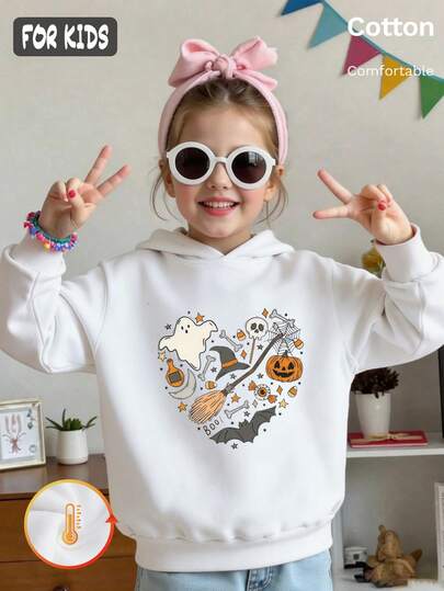 Autumn Girls Hoodie With Heart-Shaped Halloween Print Of Ghosts, Pumpkins, Brooms, Bats And Skulls