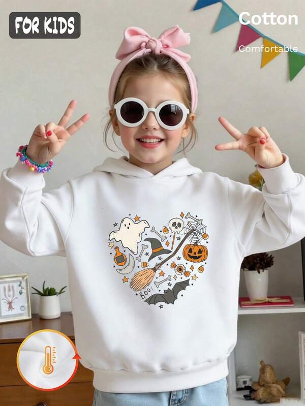 Autumn Girls Hoodie With Heart-Shaped Halloween Print Of Ghosts, Pumpkins, Brooms, Bats And Skulls