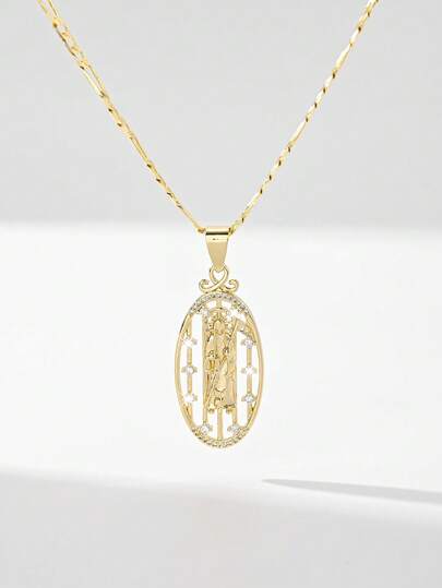 1PC European & American Classic Style Copper Inlaid Zirconia Suitable For Layering Vintage Gold Vertical Oval Hollow Fence-Style Frame St. Jude Guardian Light Limited Edition Necklace, Suitable For Christmas/Thanksgiving/Halloween/Mother's Day/Valentine's Day Couples/Friends/Fellow Believers Gift, Catholic First Communion, Gift, Daily & Holiday Wear Prayer