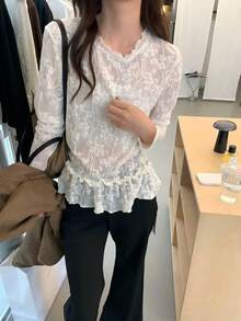 New Women's Minimalist Autumn French Lace Top, Long Sleeve Ruffle Hem, Youthful Loose Fit Top - Apricot - View 8
