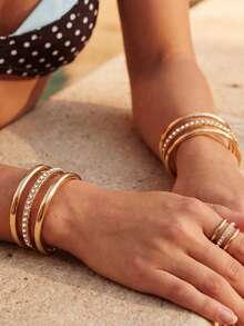 2pcs/Set Fashion Unique Multi-Layer Line Rhinestone Design Bracelet And Ring Jewelry Set, Elegant Daily Wear And Formal Occasion Women's Gift - Gold - View 3