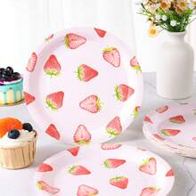 7/9 Inch Strawberry Series Printed Disposable Paper Plates, Floral Strawberry Disposable Party Plates, Party Decorations, Disposable Party Supplies, Birthday Party, Gift Party, Celebration Disposable Tableware - Pink Strawberry - View 5