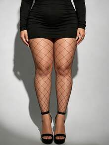 1 Pair Plus Size Black Transparent High Elasticity Footless Short Fishnet Tights, Gothic Y2K 3/4 Length Fishnet Pantyhose, Sexy Hollow Out Skinny Leggings, Punk Street Nightclub Multi-Mesh Style Leggings For Women, All-Match Versatile Innerwear, Suitable For Halloween, Christmas, Party, Daily Wear - Black - Large Diamond - View 8
