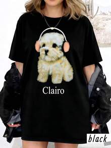 Damen Retro Clairo Grafik T-Shirt, Oversized Kurzarm Baumwoll Top, süßer Welpe mit Kopfhörern Pop Musik Fan Casual T-Shirt - Schwarz - Übersicht 1