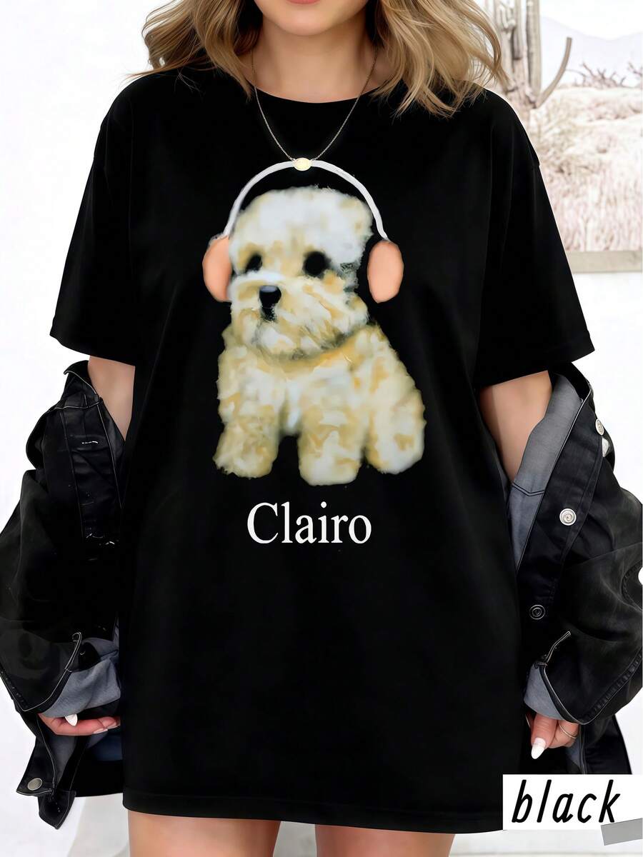 Damen Retro Clairo Grafik T-Shirt, Oversized Kurzarm Baumwoll Top, süßer Welpe mit Kopfhörern Pop Musik Fan Casual T-Shirt - Schwarz - Übersicht 1