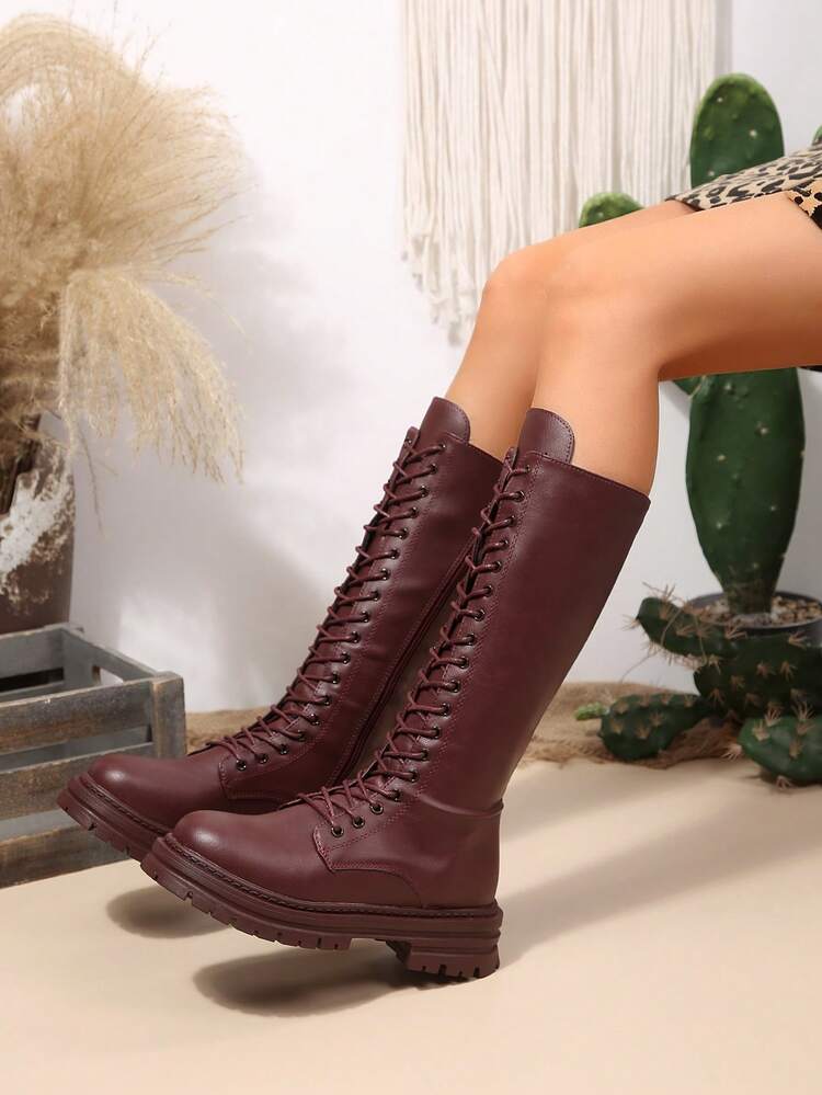 Autumn/Winter New Thick Sole Knee-High Boots Punk Lace-Up Side Zipper Fashion Women's Boots Riding Boots - Burgundy - View 1
