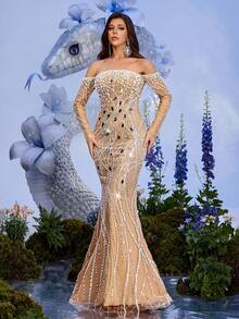 Elegant Women's Strapless Cold-Shoulder Long Sleeve Mesh Fabric Beaded Pearl Backless Formal Evening Gown - Champagne - View 2