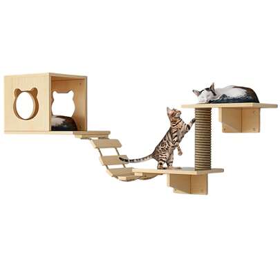 Wall‑Mount Cat Furniture Set Cat Wall Shelves With House Bridge Ladder Post & 2 Shelves For Indoor Cats Play Rest