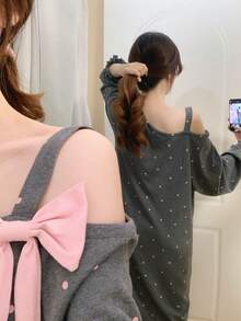 Bow Cold Shoulder Cartoon Cute Print Long Comfortable Soft Women's Nightgown - Dark Grey - View 5