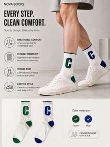 2 Pairs Men's Mid-Calf Socks With Letter C, Green, Blue, White, Suitable For Outdoor And Indoor, Unisex, Comfortable Fabric, Fashion, Sports, Gift For Men - Multicolor - View 2
