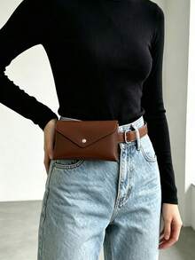 Vintage Fashion Chain Buckle Women's Leather Belt Waist Bag, Daily Outing Wallet Phone Bag, Commute Matching Niche Design Waist Bag - Coffee Brown - View 2