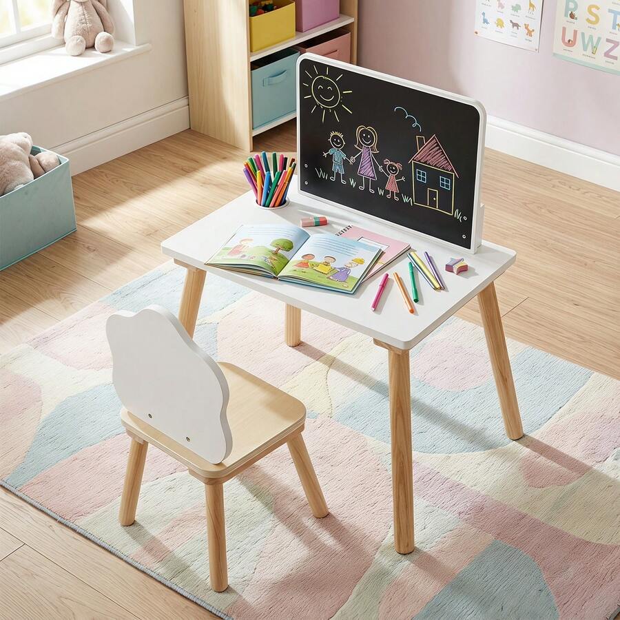 Weaning Table & Chair Set W/Chalkboard Brush Pot For Drawing Learning Mealtime White & Natural - White - View 1