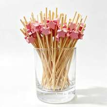 100pcs Rose Gold Star Shaped Cocktail Picks, Bamboo Fruit Appetizer Skewers, Suitable For Wedding Birthday Party Supplies - Pink - View 4