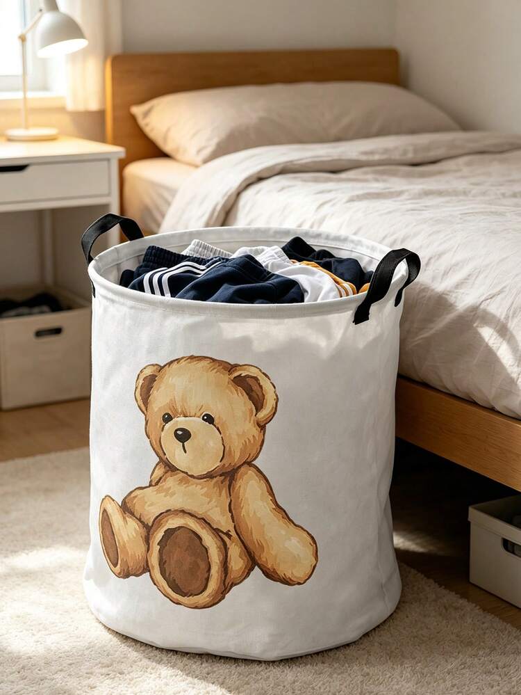 Cute Teddy Bear Print Laundry Basket, Large Capacity, Suitable For Daily Home Use, Bathroom Storage, Clothing Storage, Gift For Her, Halloween And Christmas, Practical Gift - Multicolor - View 6