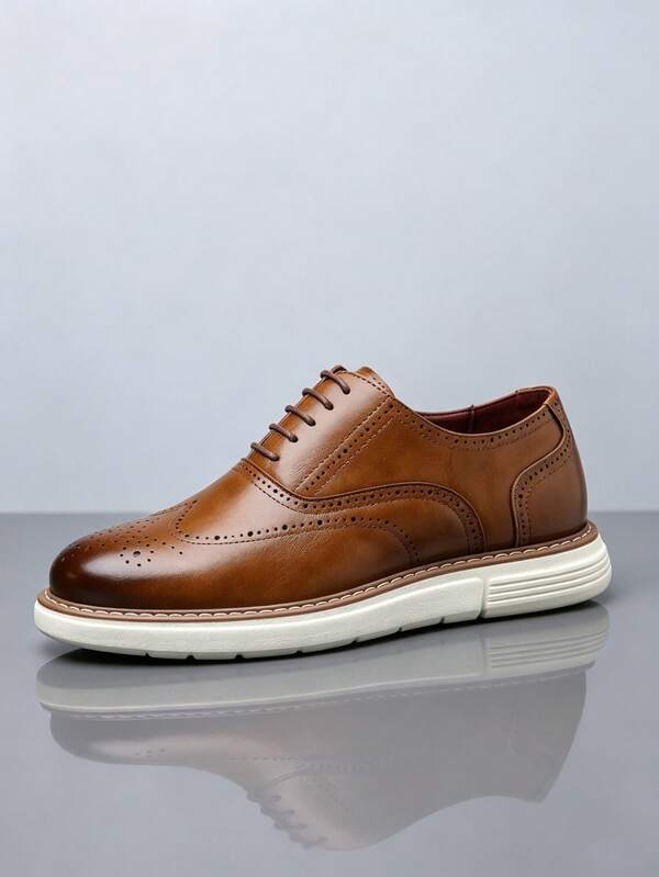 QRLQRL Men's Spring/Autumn Brogue Carved Dress Shoes, Lace-Up Round Toe Thick Sole Casual Loafers, Urban Commute Business Meeting Outfit Footwear
