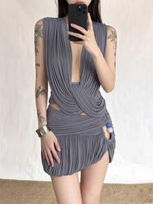 Top Dazzle Bold Women Deep V Neck Ruched Bodycon Cut Out Two Pieces Mini Dress With Medium Stretch Fabric - Grey - View 1