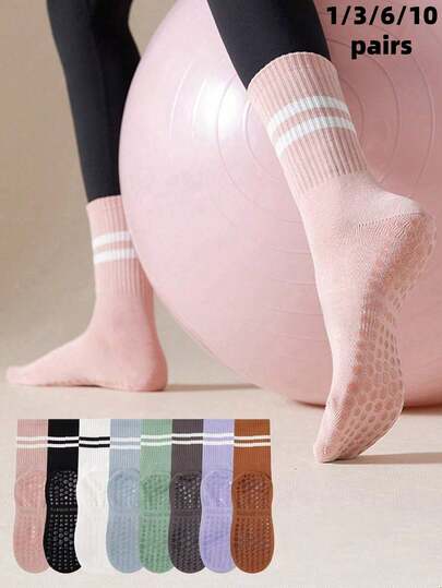 1 Pair/3 Pairs/6 Pairs Women's Striped Yoga Sports Socks, Spring/Summer Silicone Non-Slip Floor Socks, Professional Indoor Sports Fitness Mid-Calf Socks