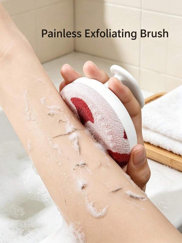 1pc Red & White Pattern Round Painless Exfoliating Bath Brush, Luxury Plastic Handle Shower Brush, Daily Bathroom Self-Care Dead Skin Removal Shower Tool
